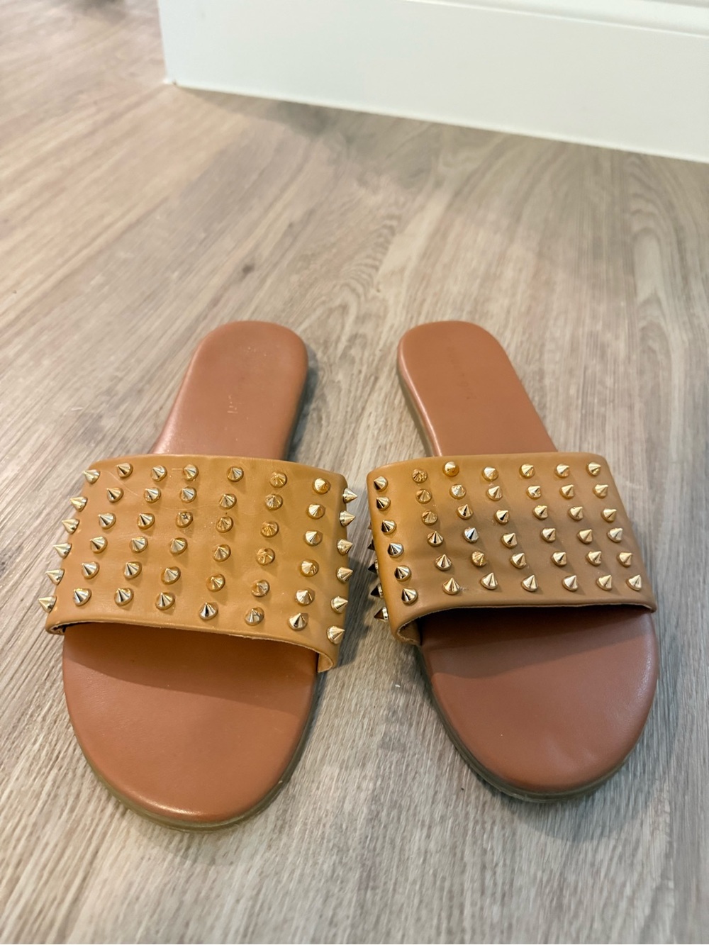 Madden Girl Tan Slide Sandals with Gold Studs